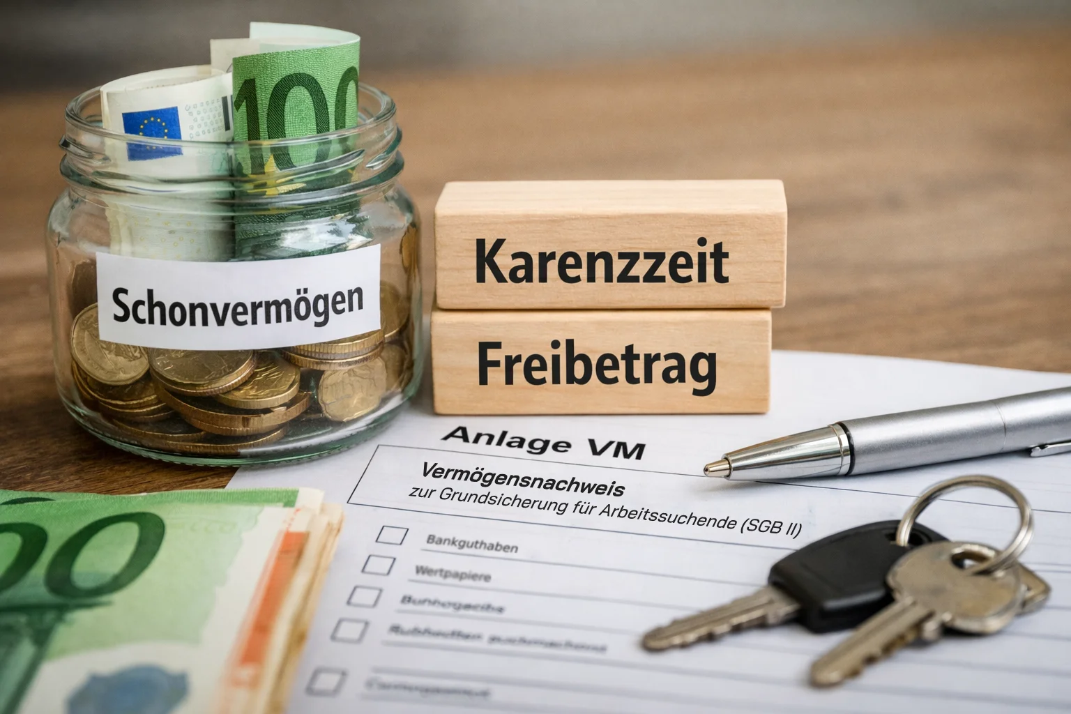 Anlage VM Vermögensnachweis mit Glas „Schonvermögen“, Euro-Geld, Holzklötzen „Karenzzeit“ und „Freibetrag“