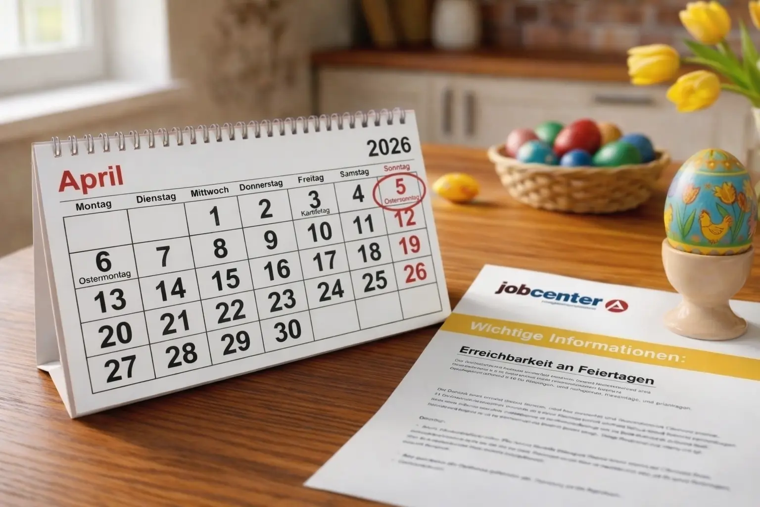 Bürgergeld Ostern Regeln 2026 Ein Kalender für April 2026 neben einem Jobcenter-Informationsblatt zu Erreichbarkeit und Öffnungszeiten während der Osterfeiertage.
