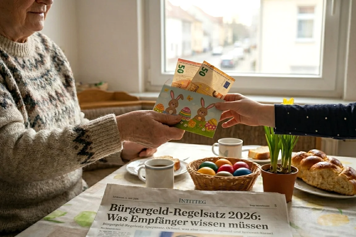 Symbolbild zur Anrechnung von Geldgeschenken beim Bürgergeld 2026: Eine Oma übergibt ein Ostergeschenk in Höhe von 60 Euro, was der aktuellen 10-Prozent-Orientierungsgröße entspricht.