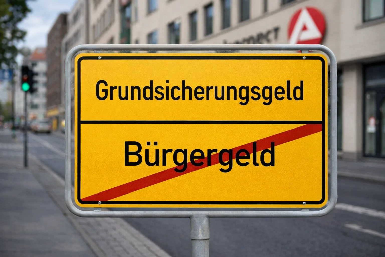 Ortsschild mit Grundsicherungsgeld und durchgestrichenem Bürgergeld vor städtischem Hintergrund