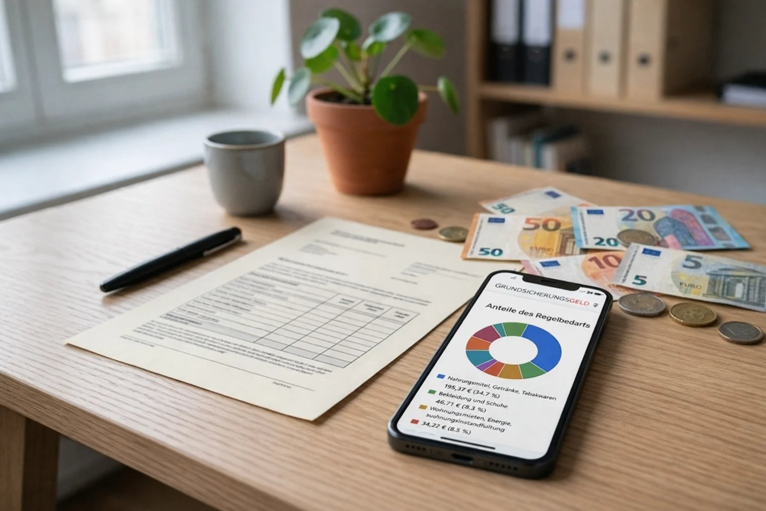 Smartphone mit Diagramm zur Verteilung des Regelbedarfs beim Grundsicherungsgeld auf einem Schreibtisch