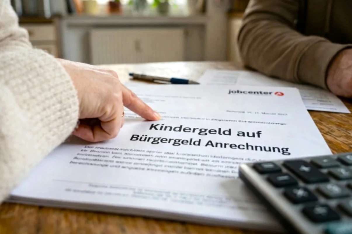 Dokument zur Anrechnung von Kindergeld auf Bürgergeld auf einem Tisch mit Fingerzeig und Taschenrechner