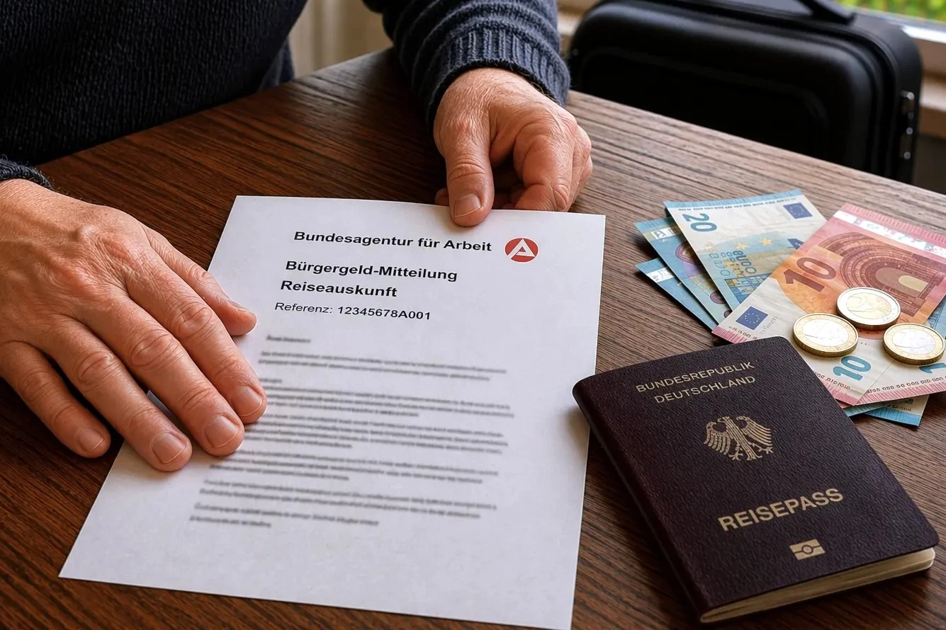 Person mit Schreiben zur Bundesagentur für Arbeit, Reisepass und Geld - Symbolbild zu Bürgergeld bei Auslandsaufenthalt