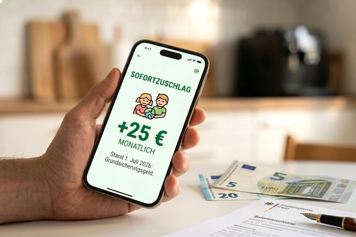Informationen zur Auszahlung des 25 Euro Sofortzuschlags für Familien nach der Reform zum Grundsicherungsgeld am 1. Juli 2026.