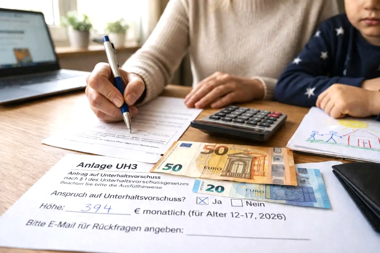 Mutter füllt zuhause ein Formular zu Unterhaltsvorschuss und Bürgergeld aus, daneben sitzt ein Kind am Tisch