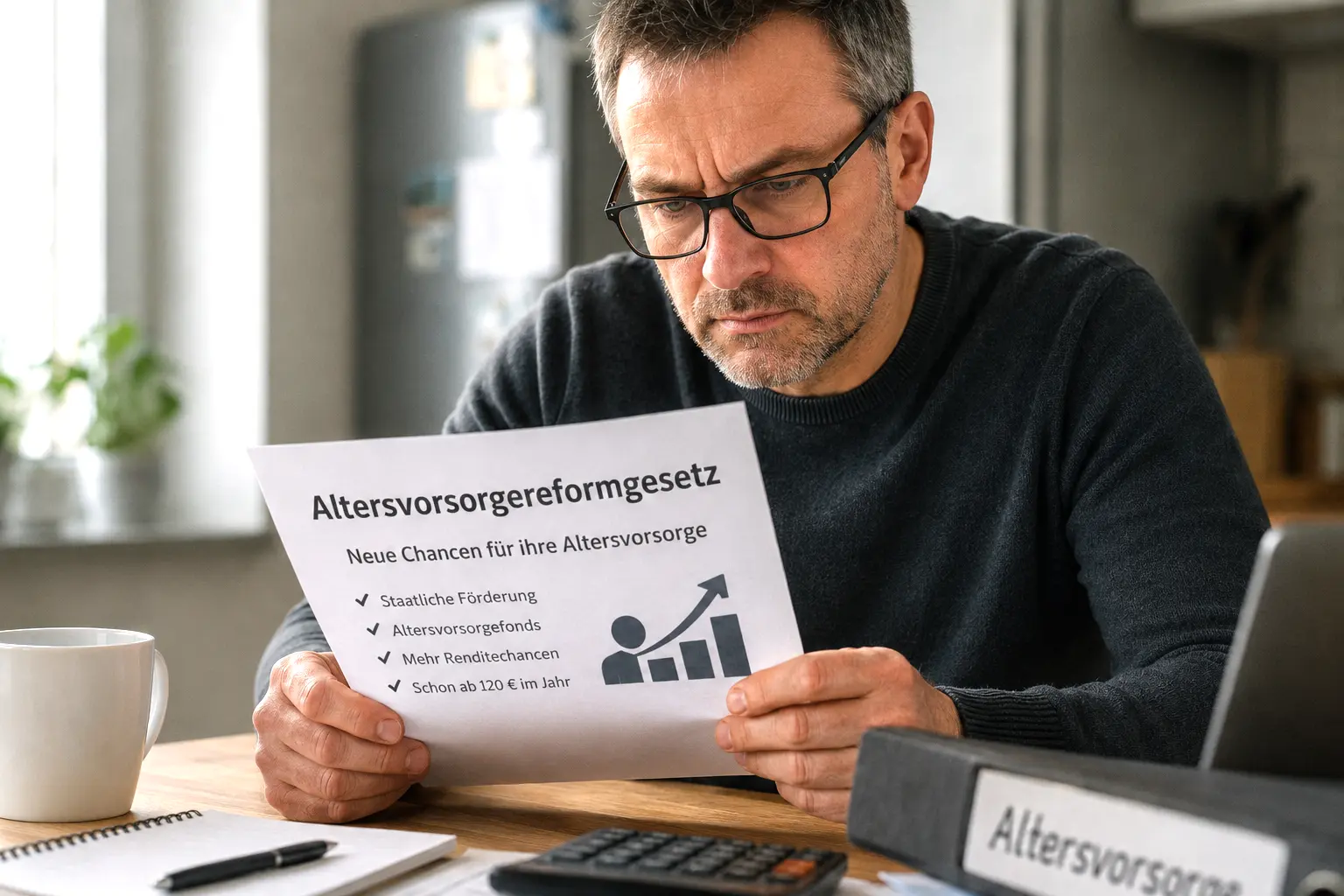 Mann prüft Unterlagen zum Altersvorsorgedepot und zur neuen privaten Altersvorsorge ab 2027