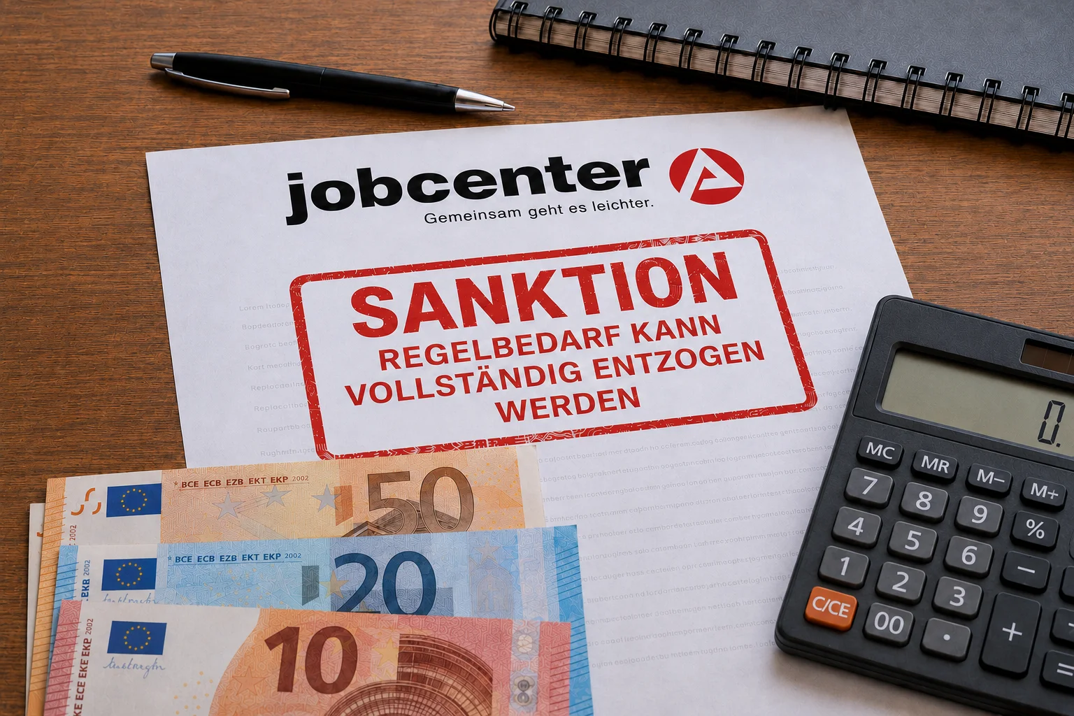 Jobcenter-Dokument mit Sanktionsstempel, Euro-Geldscheinen und Rechner